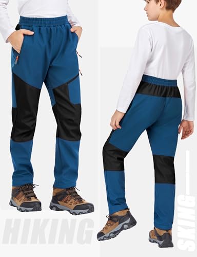 HFDWYJ Kinder Schnee Ski Hose wasserdichte Outdoor Wanderhose Warme Fleece gefütterte Hose-Blue+Black-152-158