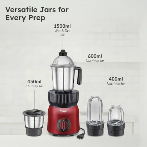 Image of Prestige Fusion 4J 750 Watt Mixer Grinder with with 4 Jars (2 Stainless Steel + 2 Transparent) | Space-Saving Design | Extra Sipper & Storage Lid | Stainless Steel Blades | 2Y Warranty | ISI Certified