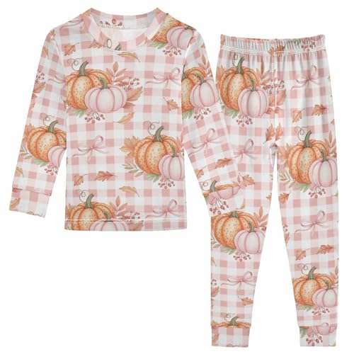 Pajama Sets Long Sleeve Autumn Pumpkins Pink Plaid Soft Comfy Sleepwear 2 Piece PJS 3-8T