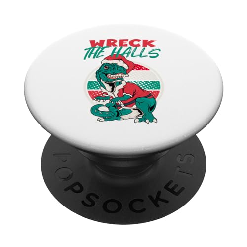 Wreck the Halls Trex in Santa Hat Christmas Retro Sunset PopSockets Swappable PopGrip, Black