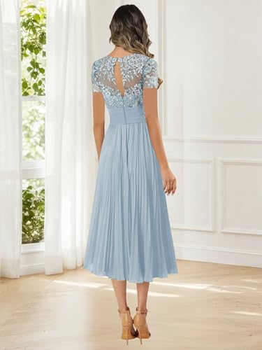 VCCICANY Tea Length Mother of The Bride Dresses for Women Chiffon Lace Short Sleeve Formal Evening Gowns2