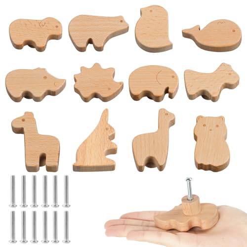 Aolso Boutons de Tiroir en Bois - 12 Pièces Poignées de Meubles Pour Animaux - Pour Armoire, Commode, Table de Chevet - Avec Vis