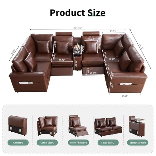 Image of RARZOE Faux Leather Sectional Sofa with 2 Power Recliner, U Shaped PU Leather Couch with Storage Console Charging Cup Holders, 6 Seater Oversized Modular Reclining Couches for Living Room, Brown