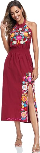 Image of Womens Mexican Floral Embroidered Halter Maxi Dress Side Slit Boho Dress | Sleeveless Halter Neck High Split, Fiesta Party Sundress, Elastic Smocked Waist, Cotton Summer Maxi Dress