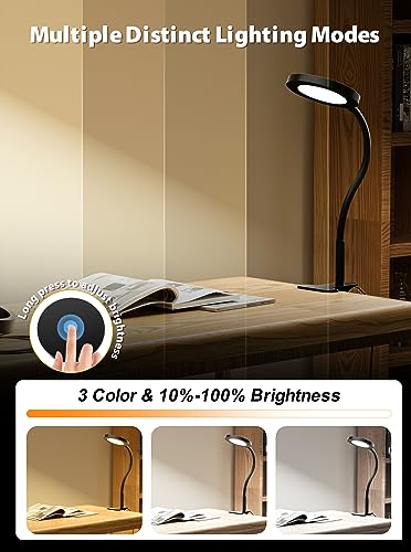 Image of Black Clip On Reading Light, 450LM Book Light, CRI95, 3 Modes Stepless Dim | CRI95 eye-caring LED provides natural lighting for reading, studying, and desk use with adjustable brightness and modes