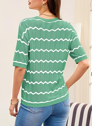 Image of EVALESS Womens Short Sleeve Sweaters Spring Summer Crochet Knit Tops Crewneck Striped T Shirts Casual Blouses for Women