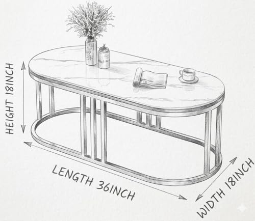 Image of Shoppee Modern Coffee Table with Marble Finish Top & Gold Metal Frame, Cocktail Sofa Table Living Room, Elegant Center Table - for Home, Office, Dining (White & Gold)