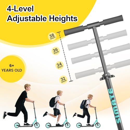 Image of SIMATE Kick Scooter for Kids Teens & Adults, 4 Adjustable Heights, 8IN All Terrain Big Wheels, Foldable and Lightweight, Gifts for Girls Boys