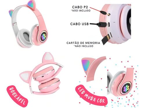 Fone Orelhas GATO Sem Fio COM LED Tik Tok - Bluetooth Música Infantil ORELHINHA GATINHO ROSA - Dobrá