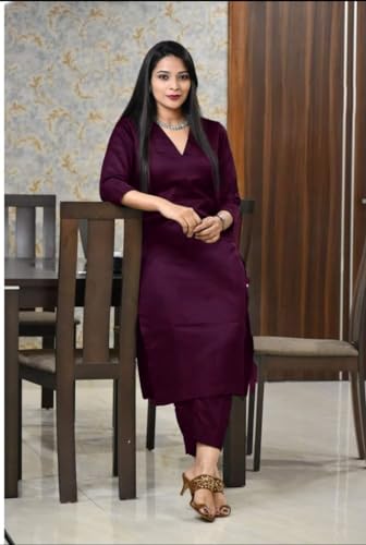 Image of Women's Jam Cotton Silk Co-ord Kurta Set With Pants | Ethnic Wear Solid Lightweight Straight Kurta With Pant