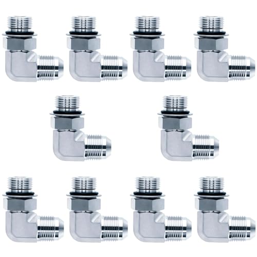 Image of 90 Degree Elbow Straight Hydraulic Hose Adapter Fittings, 6801-04-04 1 /4 inch Male JIC (7 /16 inch-20 thread) x 1 /4 inch Male ORB (7 /16 inch-20 thread) Connectors x 10 pack