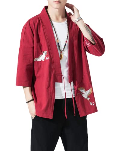 Image of Men's Japanese Kimono Cardigan Loose Cotton Linen 3 /4 Sleeve Open Front Casual Summer Shirt Jackets