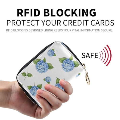 Small Wallet for Women Cute Card Holder RFID Blocking Zip Around Coin Purse Pouch with Zipper Blue Hydrangea Flowers White2