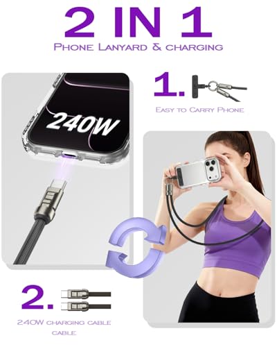 Image of Phone Lanyard Charging Cable, Type-C to USB-C 120cm 240W Fast Quick Charge Crossbody USB-C Strap 480Mbps Data Sync Anti Theft Purple Shoulder USB2.0 OTG Cord(Black)