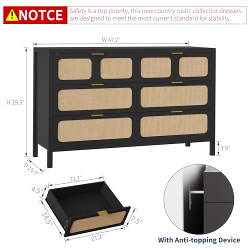 6 Drawer Dresser, Rattan Dresser for Bedroom with Metal Handles, Farmhouse Wood Storage Chest of Drawers for Bedroom, Living Room, Hallway, Entryway, Black