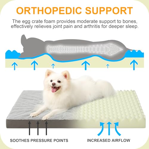 Image of KSIIA Orthopedic Dog Bed, Deluxe Plush Waterproof, 29 x 18 Inch, Gray, 3-Inch Thick High-Density Egg Crate Foam, Removable Cover, Machine Washable | Deluxe Soft Plush Dog Crate Bed, Machine Washable Pet Mat with 3-Inch Thick High-Density Egg Crate Foam, Removable Cover