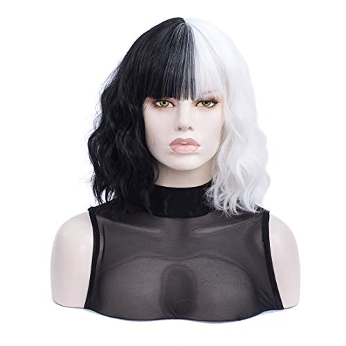 Morticia Short Curly Women Bob Wig Full Bang Wavy Texure Heat Resistant Synthetic Short Women Wig (White and Black)