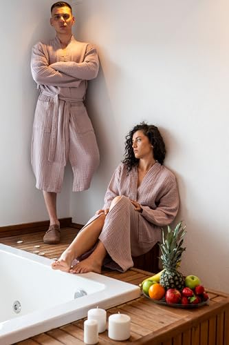 Image of Muslin Unisex Bathrobe Women & Men, 100% Cotton Kimono Lightweight Robe | Long Robes Soft, Absorbent, Spa robes