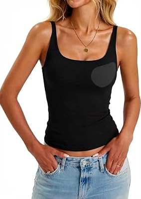 Built in Bra Tank Tops for Women Adjustable Straps Camisole Tops Square Neck Seamless Summer Going Out Tops Padded Base Layer Black