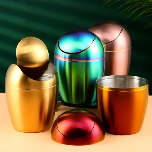 Image of Buyer Star Mini Desktop Trash Can with Swing Lid, 18 /10 Stainless Steel Desktop Garbage Can Counter Top Egg Shaped Metal Waste Bin (Gold, 0.4 Gallon)