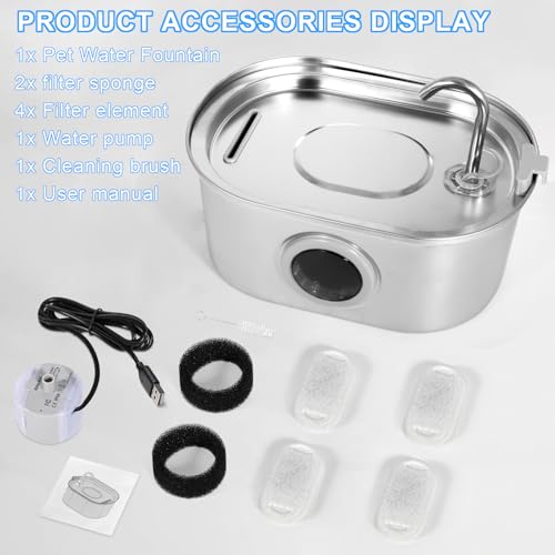 AQXONG Trinkbrunnen für Haustiere aus Edelstahl, 3.2L Trinkbrunnen für Katzen und Hunde mit Vierfach-Filtrationssystem, LED-Licht und Ultra-leiser Wasserpumpe