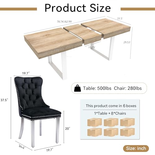 Image of Oak Dining Room Table Set for 8, 9-Piece 63 inch-78.74 inch Extendable Dining Table Set with 8 Upholstered Chairs, Rectangle Wooden Expanding Kitchen Table and Black Chairs Set