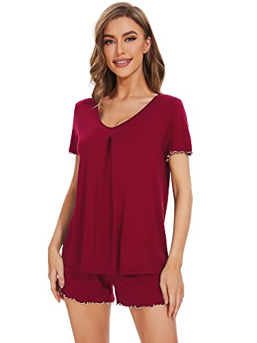 Image of WiWi Womens Pajamas Set Bamboo Viscose Super Soft Short Sleeve Top Ruffle Shorts Sleepwear Cooling Pj Sets S-XXL