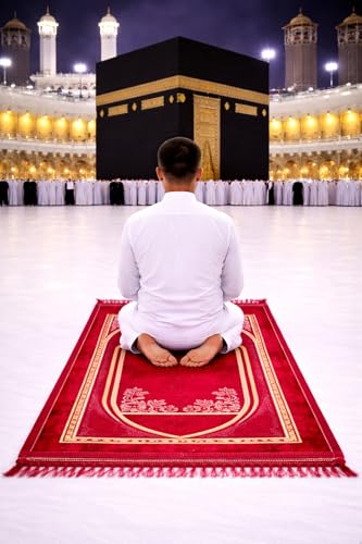 Image of Janamaz Prayer Mat Turkey Soft Velvet | Namaz Mat, Janimaz Namaz Aasan, Islamic Prayer Rug for Salah | 70x110 CM (Printed Red1)