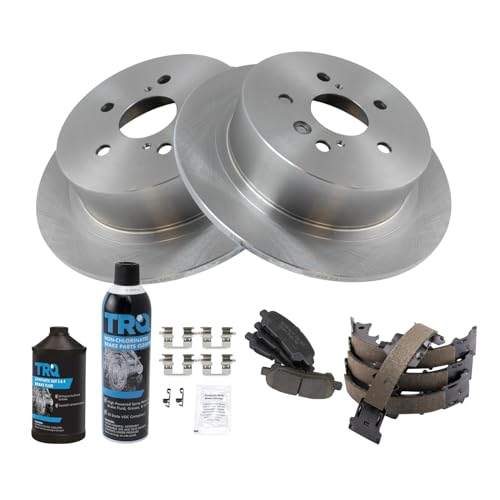 Image of TRQ Rear Brake Pad & Rotor Kit, with Chemical Kit Parking Brake Shoe Set Ceramic Compatible with 2012-2013 Toyota Highlander