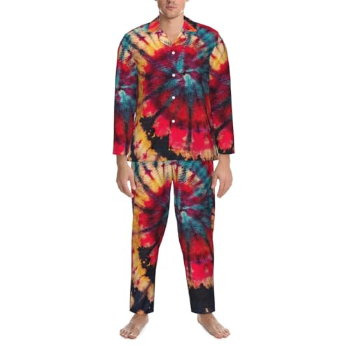 Colorful Abstract Tie Dye Swirl Mens Pajamas Set Button Down Sleepwear Set Long Sleeve Loungewear With Pockets