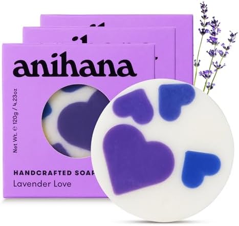 ANIHANA Handcrafted Soap 3 Pack with Coconut Oil, Gentle Cleansing Paraben Free Cruelty Free Refreshing Lavender Love Scent 4.23 oz each