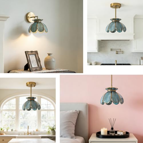 Image of Vintage Brass Ceiling Pendant Light with Stained Lotus Flower Stained Glass Shade,Oriental Hanging Lamp or Wall Sconces Dual-Purpose, for Kitchen Island Dining Room Bedroom Living Room-7.9 inch Shade
