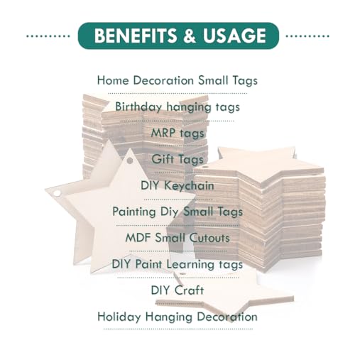 Image of MDF Cutouts | Wooden Cutout for Craft | Pine Wood | Unfinished Tags for Key Chain, Slices Crafts, Xmas, Decorations, Painting | Resin Art Work | MDF Board Cutouts, Star- [50pcs]-[ 5cmx5cm]