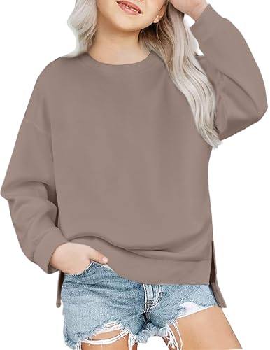 Image of Arshiner Girls Crewneck Sweatshirt Long Sleeve Pullover Tops Drop Shoulder Sweatshirts Side Split