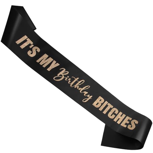 RUDONG M Its My Birthday Bitches Sash Black with Rose Gold Glitter