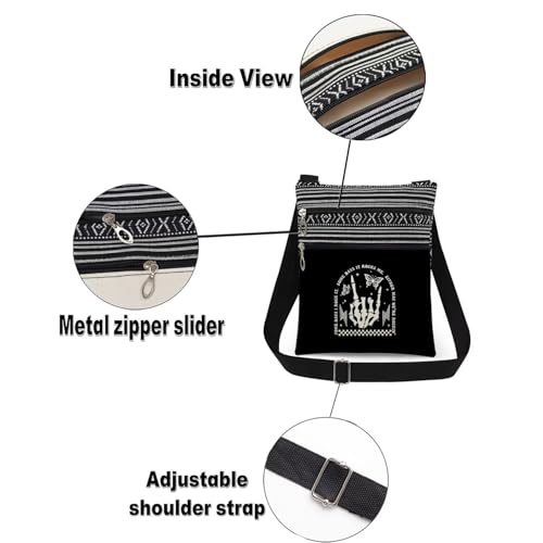 Skeleton Rock Hand Print Woman Crossbody Bag Adjustable Man Shoulder Bag with Zipper Edgy Gift for Concert Nights Unisex Birthdays Outdoor Travel Messenger Bags 6