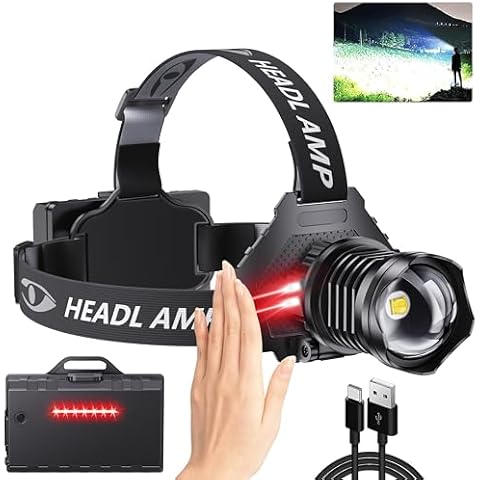 AMAKER LED Rechargeable Headlamp, 900000 High Lumens Super Bright with 5 Modes & IPX7 Level Waterproof USB Rechargeable Zoom Headlamp, 90° Adjustable for Outdoor Camping, Running, Cycling, Climbing Cover