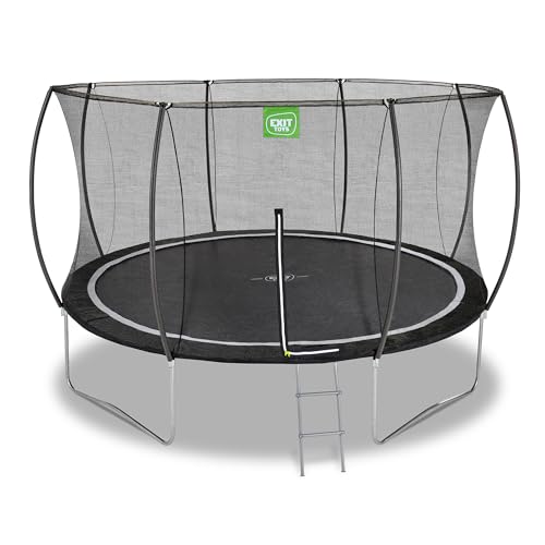 EXIT Toys Black Edition Rundes Trampolin - Fußschutzsystem - Mit Trampolinleiter - Sicherheitsnetz mit Reißverschluss - Modernes Design - Rostfrei - Wetterfest - Für Kinder - ø366cm - Schwarz