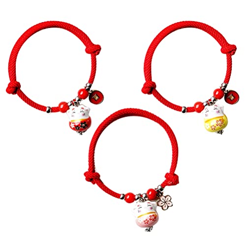 Lot de 4 Bracelets tressé Porte-Bonheur réglable avec Chat Chinois Porte Bonheur Cloche Pendentif avec Chat Japonais Porcelaine Bracelets pour Amis, Femme,Saint-Valentin,Cadeau fête des mères Cover