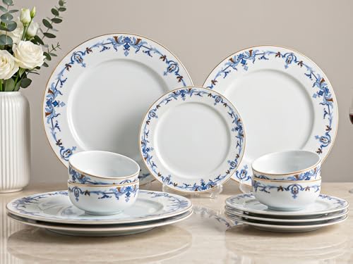 Image of Bodhi House Premium Porcelain Dinner Set 12 Pieces Serving for 4 | Royal Crest Design | Microwave & Dishwasher Safe | Crockery Set | Dinnerware Set for Home, Dining, Kitchen & Gifting