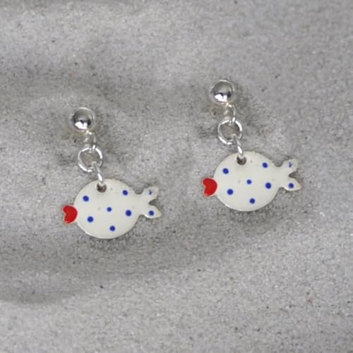 Boucles d'Oreilles Argent 925 Petit Poisson Émaillé Puces d'Oreilles Pois - 5