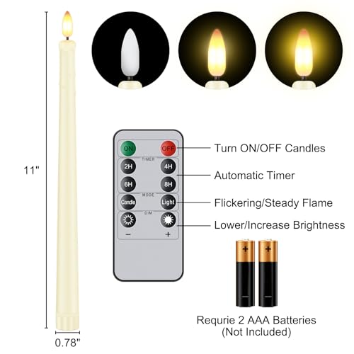 Image of 12 Pcs Flickering Flameless LED Taper Candles, 11 inch Long Fake Taper Candles Battery Operated with Remote Timer, Ivory Plastic Electric Dripping Candlesticks for Wedding Party Holiday