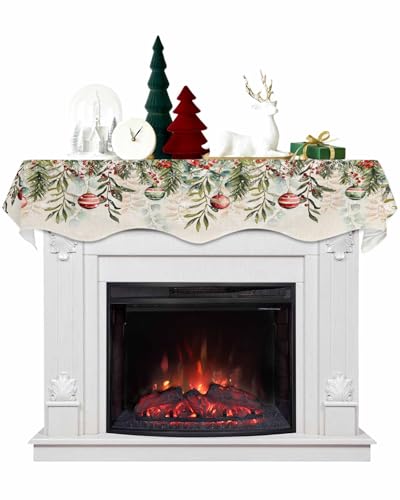 Christmas Ball Fireplace Mantel Scarf Cover, Mantel Shelf Top Scarf Runner for Christmas Halloween Thanksgiving Fall Indoor Decorations Farmhouse Snowflake Green Pine Leaves 70'' L x 17'' W