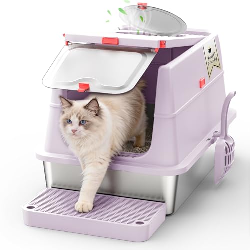 BEST JAJA XXL Katzentoilette Edelstahl (V2A) - 3-in-1 Geschlossenes Katzenklo mit 160° Klappdeckel & Geruchsfilter - Hoher Rand, Auslaufsicher & Kratzfest - Inkl. Streuschaufel & Trittstufe (Violett)