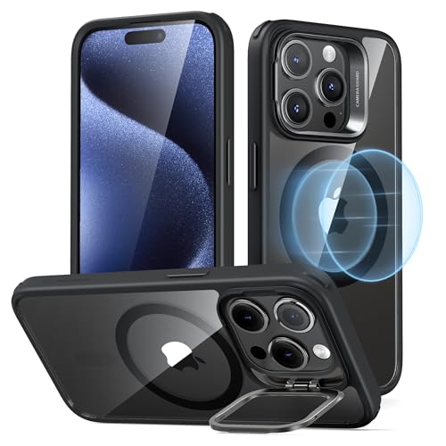 Image of ESR for iPhone 15 Pro Case, Compatible with MagSafe, Military-Grade Protective Case, Built-in Stash Stand Phone Case, Scratch-Resistant Back Cover, Classic Series, Clear Black