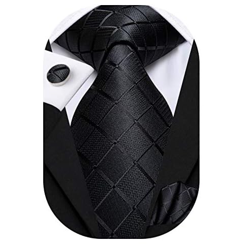 Hi-Tie Mens Plaid Ties Classic Paisley Necktie with Handkerchief Cufflinks Set Business Stripe Tie,A Black Cover
