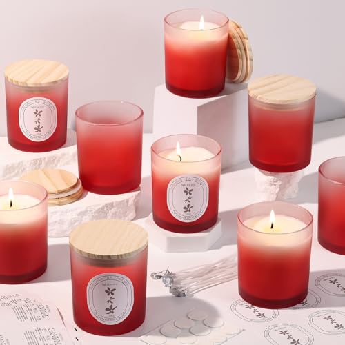 REISEN 12Pcs Gradient Red Candle Jars for Making Candles 10oz Glass Jars with Bamboo Lids Candle Wick Kit and Sticky Warning Labels Candle Containers Vessels for DIY Gifts