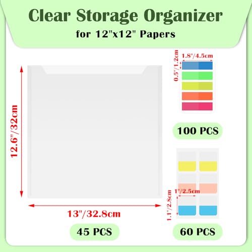 Image of BTSKY 45PCS 12x12 Scrapbook Paper Storage Organizer Top Loading Plastic Paper Storage Clear Craft Organizers and Storage Holder with 160 PCS Sticky Index Tabs for Scrapbook Vinyl Paper Cardstock etc.