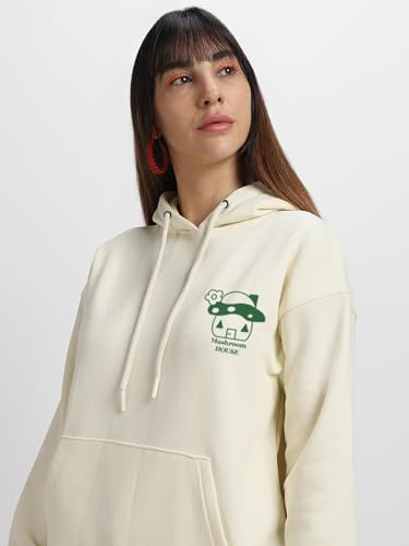 Image of JUNEBERRY Cotton Fleece Regular Fit Hooded Sweatshirt Lastest Back Graphic Printed Winter Hoodies for Women (Available in Colors: Black, SOYA Bean, Orange, Marshmellow, White & Lilac)