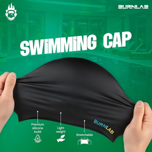 Image of Burnlab Silicone Swimming Cap for Pool Training and Daily Use, Comfortable Stretch Fit, Adult (Black Small Word)